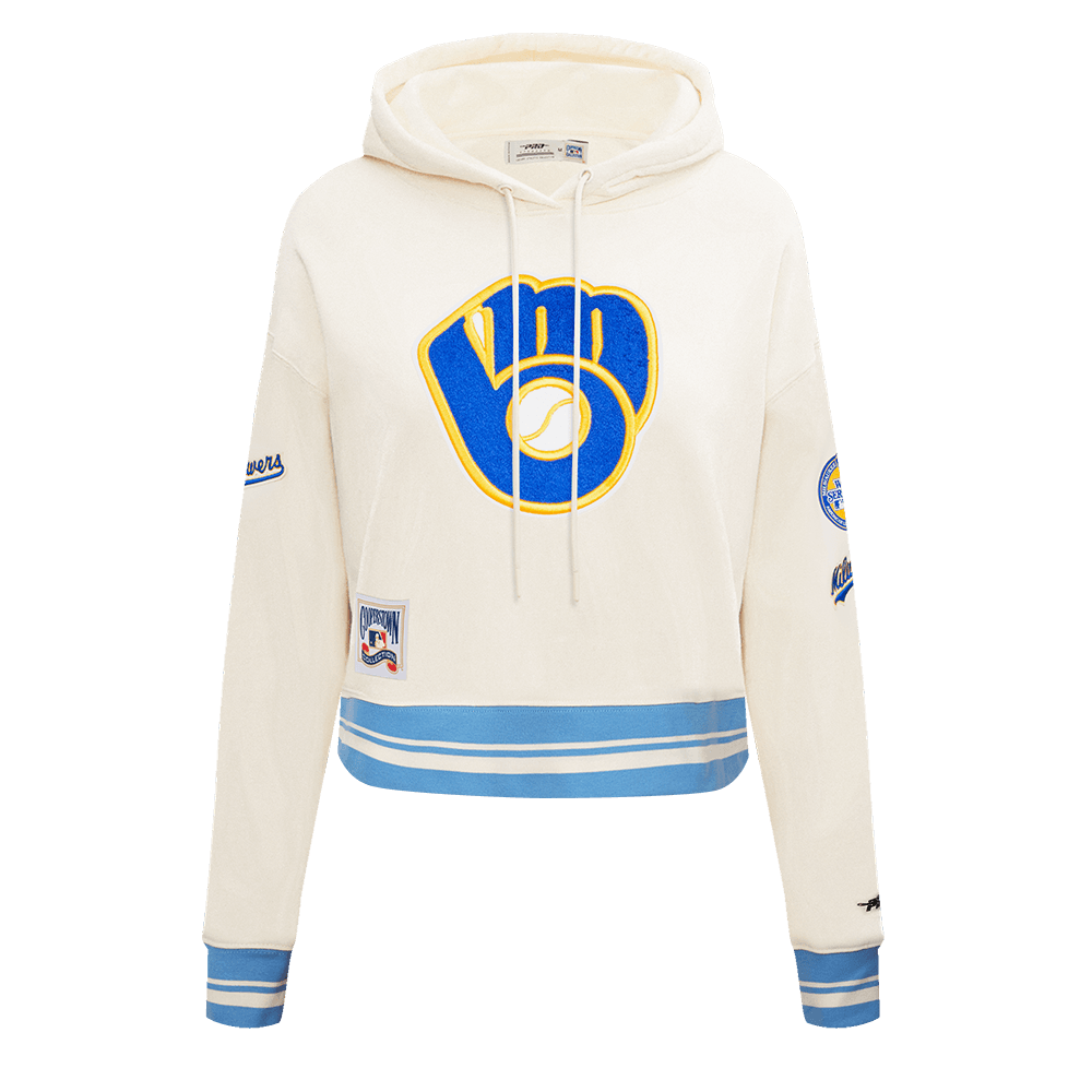 Women’s Milwaukee Brewers Eggshell and University Blue Retro Classic Rib Cropped Pullover Hoodie by Pro Standard®